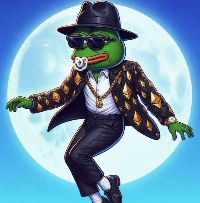 A digital illustration of a green cartoon frog wearing a black fedora, sunglasses, a baby pacifier, and a gold-patterned blazer, posing in front of a large full moon.