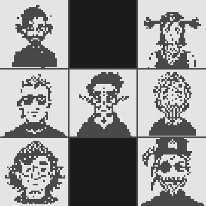 A 3x3 grid of monochrome pixel art portraits of various characters, with the center and middle-right tiles left black.