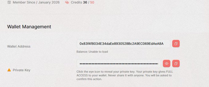 A screenshot of a Wallet Management page showing a member since January 2026 with 36/50 credits, displaying a wallet address starting with '0x83f4f8034E34daEe8930528Bc2A9EC069EdAeA8A' and a private key section warning users never to share their key.