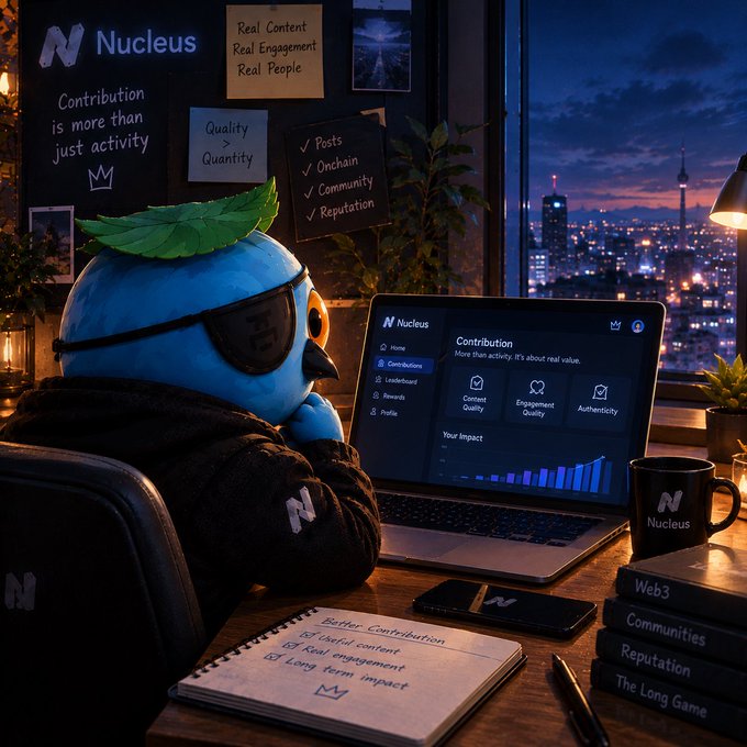 An AI-created image of a blue cartoon bird character wearing an eye patch and leaf hat, working on a laptop displaying 'Nucleus' content contribution metrics, with a city skyline at dusk in the background.