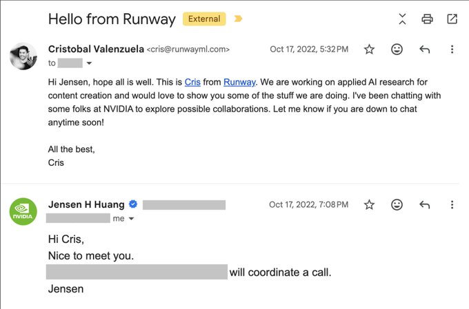 This image shows an email exchange between Cristobal Valenzuela of Runway and Jensen H Huang of NVIDIA on October 17, 2022, where the CEO of one of the world's largest tech companies personally replied to an outreach email from the startup founder within 90 minutes. The post uses this as an example of a leader taking time to respond to DMs from smaller figures, mirroring the same quality they admire about Jesse Pollak, Base founder.