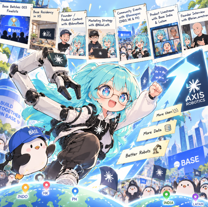 Anime-style promotional graphic featuring a blue-haired mascot for Base and Axxis Robotics, with panels showing events like 'Base Residency in NS', 'Community Events with @baseapac (INDO, HK & PH)', and regional pin locations (INDO, HK, PH, INDIA, LATAM).