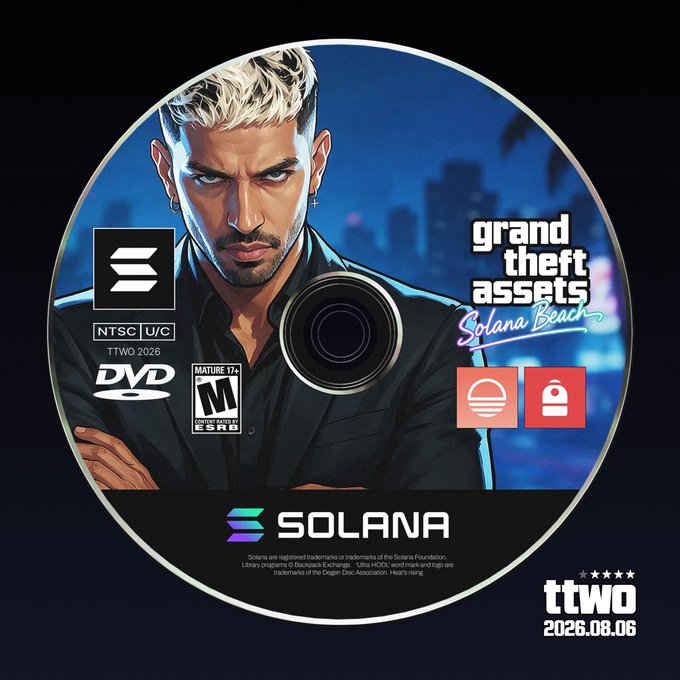 A DVD-style cover art parodying 'Grand Theft Assets: Solana Beach,' featuring a stylized man with white hair, the Solana logo, release date 'ttwo 2026.08.06,' and a Mature 17+ ESRB rating.