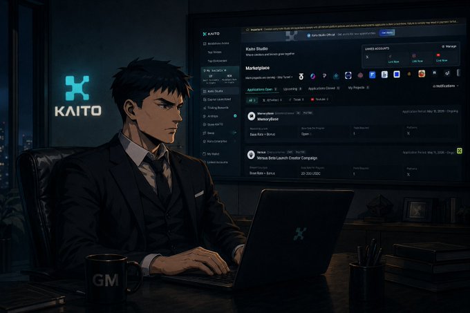 An anime-style illustration of a man in a suit working on a laptop in a dark office, with a digital interface displaying 'KAITO' on the wall and screen.
