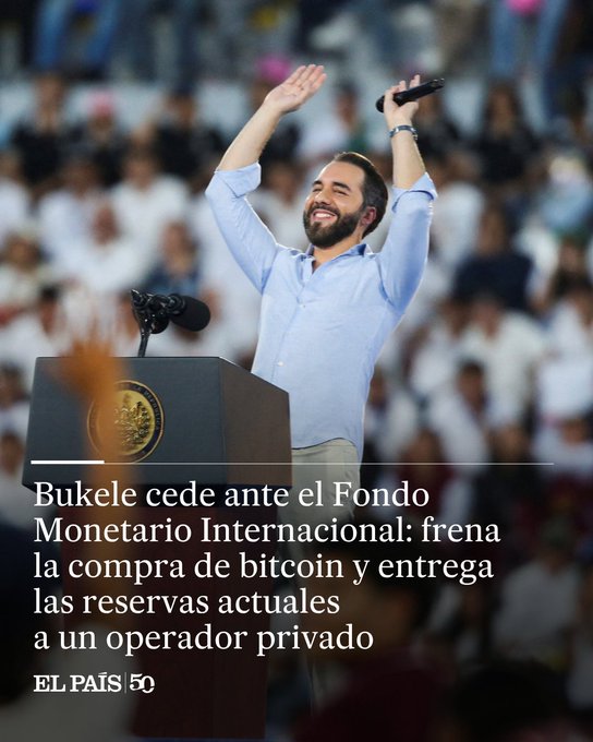 A man with a beard, wearing a light blue shirt, stands at a podium with both arms raised in celebration, holding a microphone in one hand, with a blurred crowd in the background. The Spanish text overlaid reads "Bukele cede ante el Fondo Monetario Internacional: frena la compra de bitcoin y entrega las reservas actuales a un operador privado" (Bukele yields to the IMF: halts bitcoin purchases and hands current reserves to a private operator), with the image credited to EL PAÍS 50—appearing to illustrate the very "fake news" claim the post disputes about El Salvador's President Nayib Bukele and bitcoin.