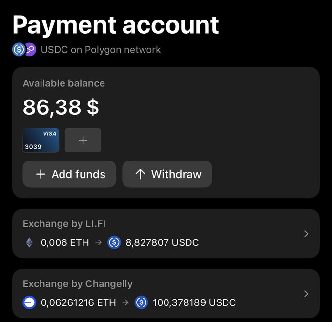 The image shows a screen with details about a trading account on the @Tangem platform. The main content is related to adding funds, exchanging them by Lifting Eth, and how to use them. A summary of this information can be deduced as follows: The user has been able to fund their Pay account without using an external CEX or DEX service. They utilized the in-app services provided by @Tangem to do so. Furthermore, a brief description is given about the experience on the platform.