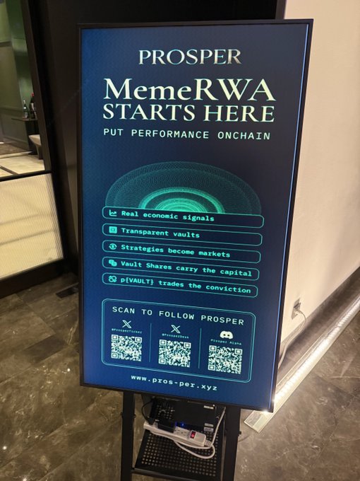 A digital signage display promoting 'PROSPER MemeRWA STARTS HERE' with the tagline 'PUT PERFORMANCE ONCHAIN', listing features like Real economic signals and Transparent vaults, and showing QR codes to follow their socials.