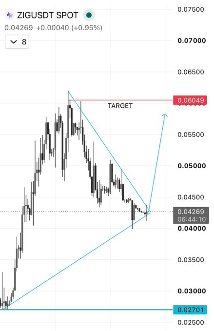 A ZIGUSDT spot trading chart shows price at 0.04269 (up +0.95%) with a symmetrical triangle pattern drawn in cyan, where the converging trendlines meet near current price around 0.042-0.043, and an arrow projects a breakout upward to a "TARGET" line marked at 0.06049, visually supporting the bullish thesis of a bounce toward $0.060.