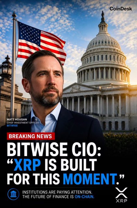 CoinDesk breaking news graphic featuring Matt Hougan, Chief Investment Officer of Bitwise, stating 'XRP IS BUILT FOR THIS MOMENT,' with the U.S. Capitol and American flag in the background.