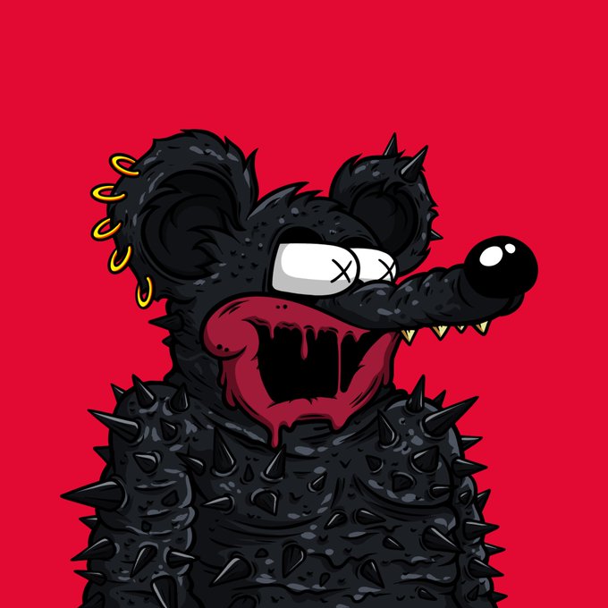 This image shows a spiky, punk-rock rat character with crossed-out eyes and dripping red mouth, likely representing an NFT from the collection "Mon" mentioned in the accompanying post. The artwork is a visual representation of the "OG PHASE" launch.