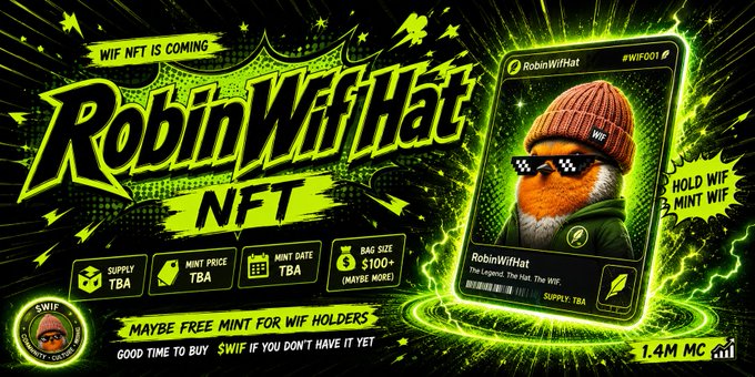 A vibrant neon green promotional graphic announces the upcoming "RobinWifHat NFT" (#WIF001) collection, featuring a robin character in a beanie and pixelated sunglasses, with details listing Supply, Mint Price, and Mint Date all as "TBA," a bag size of "$100+ (Maybe More)," and a callout reading "Hold WIF Mint WIF" alongside notes about a possible free mint for $WIF holders.