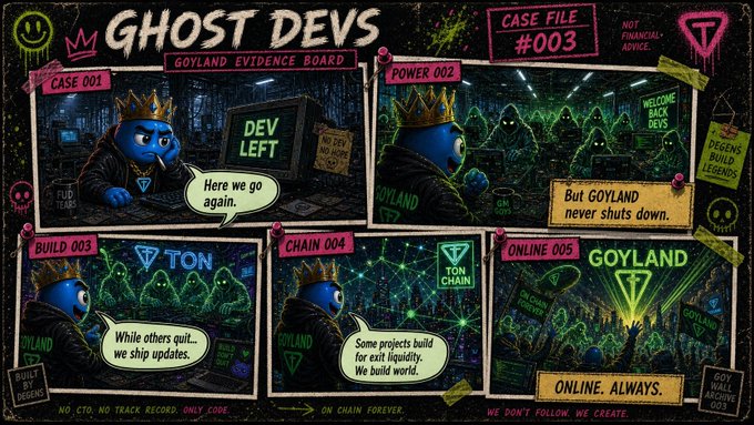 The image features a cartoon of a blue character wearing a crown, sitting at a desk with a computer screen behind him. The cartoon depicts a scene from the game "GOYLAND DEVILS", which involves characters interacting with each other on a computer screen. The cartoon also includes text that reads "Case file #003".