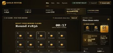 A screenshot of a 'Gold Fever' mining game interface showing Round #1836 with a timer at 00:17 until draft closes and various claim options displayed.