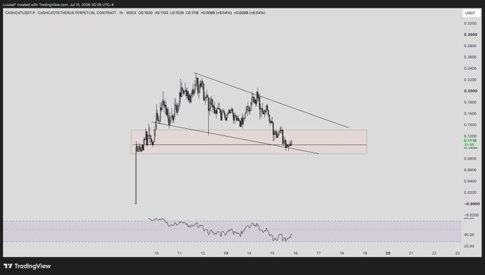 A TradingView chart of CASH/USDT perpetual contract on a 1-hour timeframe shows the price consolidating within a descending wedge pattern and testing a key support zone around $0.1118, suggesting a potential bounce or breakout setup that aligns with the poster's decision to enter a long position.