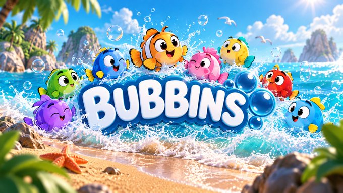 A colorful 3D logo graphic for 'BUBBINS' featuring cute cartoon fish characters splashing in ocean waves with bubbles, set against a tropical beach background with palm trees, starfish, and rocks.