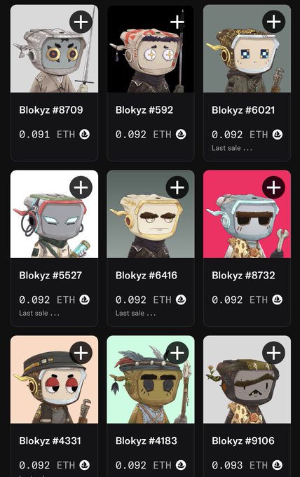 A grid of nine Blokyz NFTs (#8709, #592, #6021, #5527, #6416, #8732, #4331, #4183, #9106) listed at approximately 0.091-0.093 ETH each, illustrating the post's point about excessive trait variety (791 traits) causing visual dissonance among similar-looking blocky avatar characters.