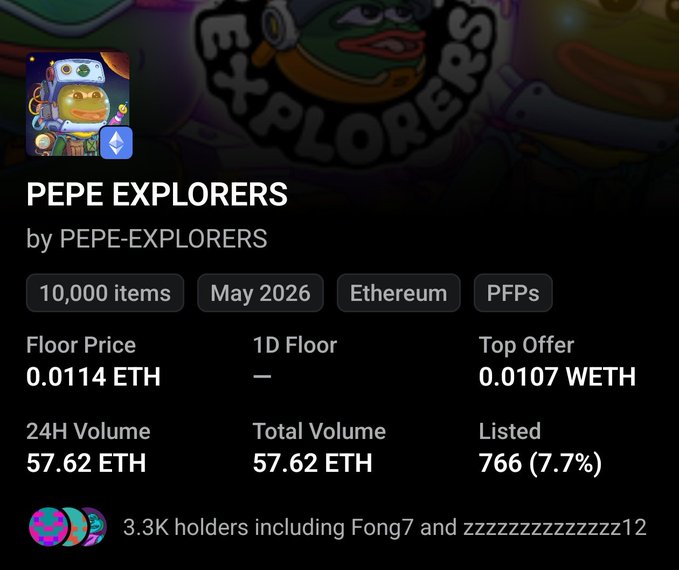 The image shows a post from an online gaming community. It features a screenshot of a floor price list that is related to the game "Pepe Explorers" by Pepe Explorers, which has a total volume of 57.62 ether and is listed for sale at 0.0117 eth per 1/1/2026. The post also includes details about some Bitcoins and other EtheriumETH coins being listed in the post for sale, as well as information about other gamers who might be interested in purchasing these items or checking out the game.