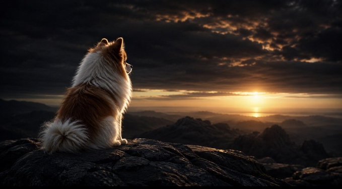 A small fluffy orange and white dog sits on a rocky outcrop, gazing out at a dramatic sunset over a mountainous landscape with golden light breaking through dark clouds.