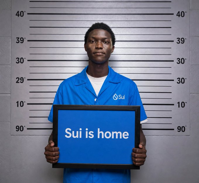 The image features a man standing against a gray wall, holding up a blue sign that reads "SUI is home". The man appears to be wearing a blue shirt or uniform, possibly indicating his profession as a police officer or security guard. The text on the sign is in white and stands out against the blue background of the sign.