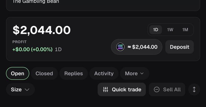 A trading platform dashboard titled 'The Gambling Bean' showing a balance of '$2,044.00' with a 0.00% profit and options for 'Quick trade' and 'Sell All.'