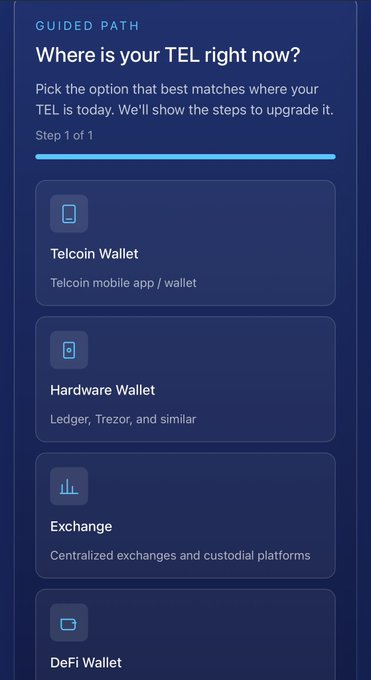 A mobile interface titled 'Where is your TEL right now?' offering options including Telcoin Wallet, Hardware Wallet, Exchange, and DeFi Wallet.