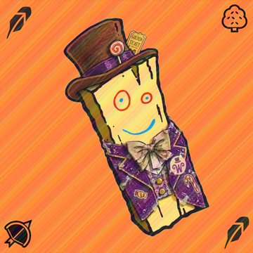 An illustration of a smiling, stylized popsicle character wearing a brown top hat with a tag and a purple jacket with 'YES' and 'NO' buttons, set against a striped orange background.