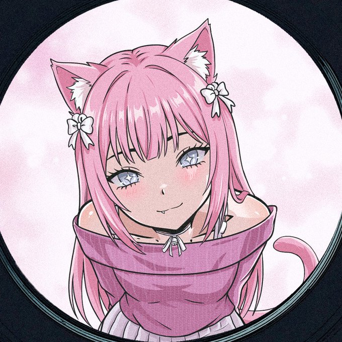 An anime-style illustration of a character with pink hair, cat ears, and purple eyes, wearing a pink cowl-neck sweater, framed within a black circle with a white cloudy background.