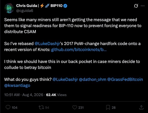 A tweet from Chris Guida (@cguida6) tagged with #BIP110 urging miners to signal readiness for BIP-110 to prevent distributing CSAM, mentioning he rebased @LukeDashjr's 2017 PoW-change hardfork code onto a recent version of Knots.