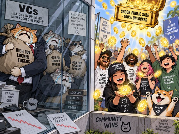 A satirical illustration contrasting gloomy VCs holding bags of locked tokens against a joyful community celebrating a $600K public sale with 100% unlocked tokens.
