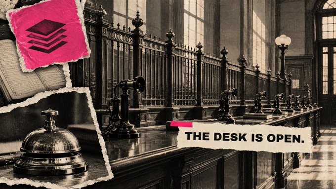 A vintage trading floor scene is overlaid with torn-paper collage elements, including a bell, telephone, and ledger, alongside the bold text "THE DESK IS OPEN," evoking the launch of Robinhood Chain's "Pink Sheets" decentralized trading desk for memecoins and tokenized stocks.