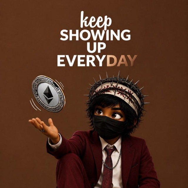 A 3D-rendered character wearing a maroon suit, black face mask, and a crown-of-thorns bandana, tossing an Ethereum coin in the air with text reading 'keep SHOWING UP EVERYDAY' on a brown background.