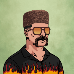 A cartoon illustration depicts a man wearing a large furry hat, sunglasses, a mustache, and a black shirt decorated with flame patterns.