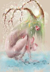 A digital artwork features a graceful white swan with outstretched wings, surrounded by sparkling water droplets and pink lotus flowers against a soft pastel background, evoking the imaginative, dreamlike quality suggested by the post referencing an objkt.com profile.