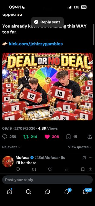 X post from @kick promoting 'kick.com/jchizzygambles' featuring a 'Deal or No Deal' thumbnail with two people holding briefcases numbered 12 and 18.