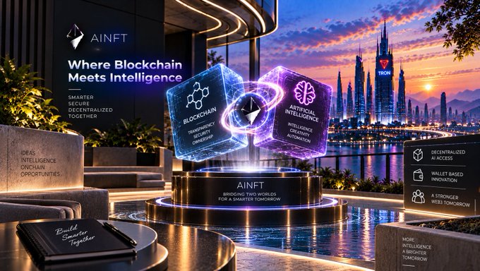 A futuristic promotional graphic for 'AINFT' with the tagline 'Where Blockchain Meets Intelligence' displayed in a high-tech cityscape setting.