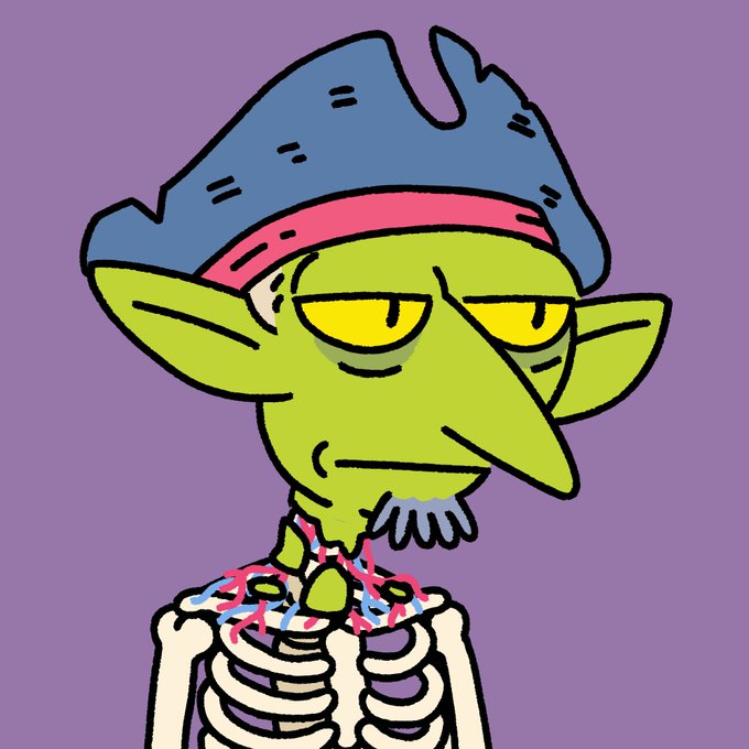 A cartoon illustration of a green-skinned goblin wearing a blue pirate hat and a skeleton costume with a pink and blue ruffled collar against a purple background.