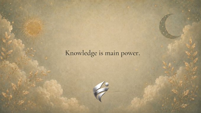 A vintage-style beige background with illustrations of a sun, moon, clouds, and foliage frames the centered text "Knowledge is main power." above a small silver logo.