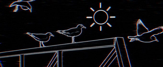 Glowing neon-style outlines of seagulls perch on and fly around a railing beneath a stylized sun, capturing the quiet rhythm of arrival and departure that mirrors the post's reflection on life's transient yet enduring nature.
