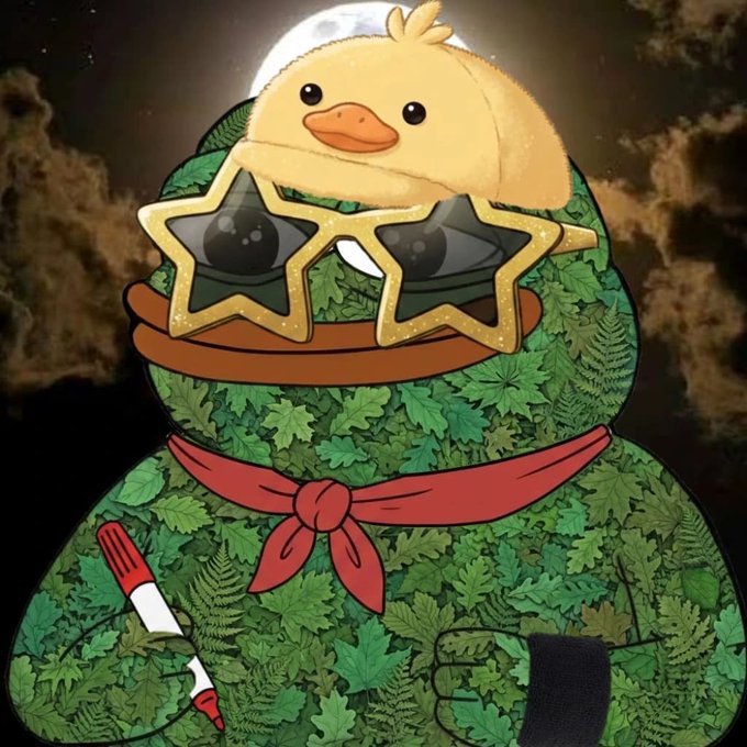 A cartoon illustration of a chubby figure made entirely of marijuana leaves, wearing star-shaped sunglasses, a red bandana around the neck, and a small yellow duck hat on top, against a moonlit cloudy sky.