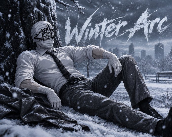 A promotional image for 'Winter Arc' showing a bandaged figure with an eye symbol on their forehead, leaning against a tree in a snowy landscape.