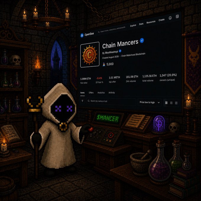 A pixel-art wizard stands in a candle-lit arcane study, conjuring the OpenSea listing page for "Chain Mancers" by Bloothashyzz on Chain Robinhood Blockchain, which shows 1,094 ETH floor price and 1,125.56 ETH total volume. The image ties to the post by blending mystical "magic online" themes with the NFT marketplace listing, while a glowing console displays "$MANCER" to reinforce the @MancerXYZ branding.