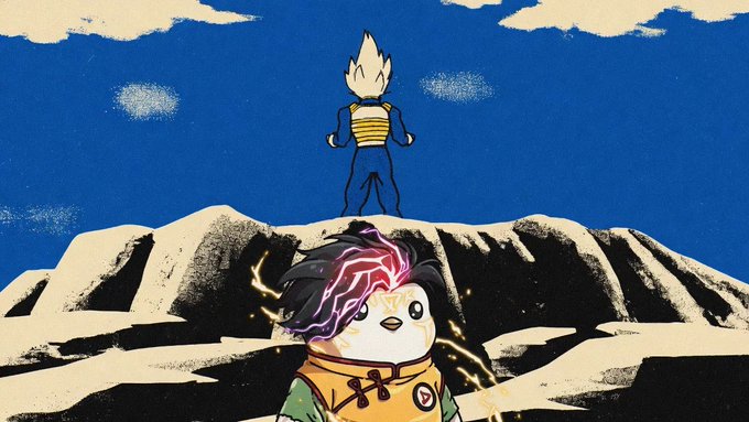 A blonde-haired anime character in a blue and yellow Saiyan-style outfit stands triumphantly atop a rocky mountain peak beneath a blue sky, while a small panda-like figure with pink electric energy crackling from its head stands in the foreground looking up—evoking a Dragon Ball Z training/showdown scene, humorously framing the post's announcement of a new educational series about crypto and Robinhood Chain.