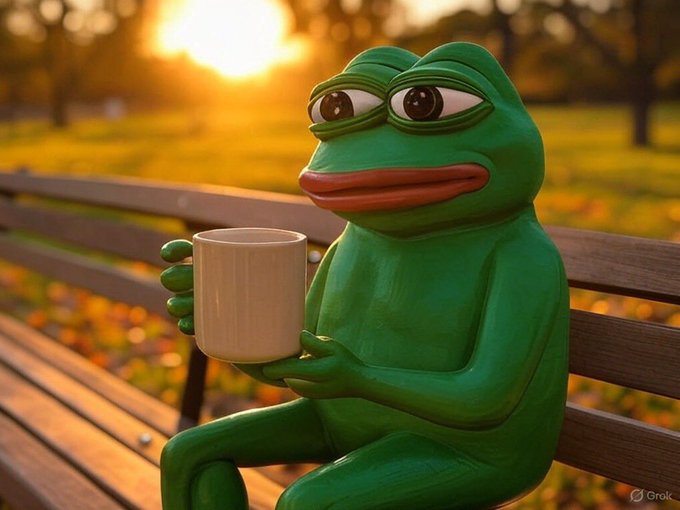 A Pepe the Frog statue sitting on a wooden park bench at sunset, holding a white mug, with a 'Grok' watermark in the corner.