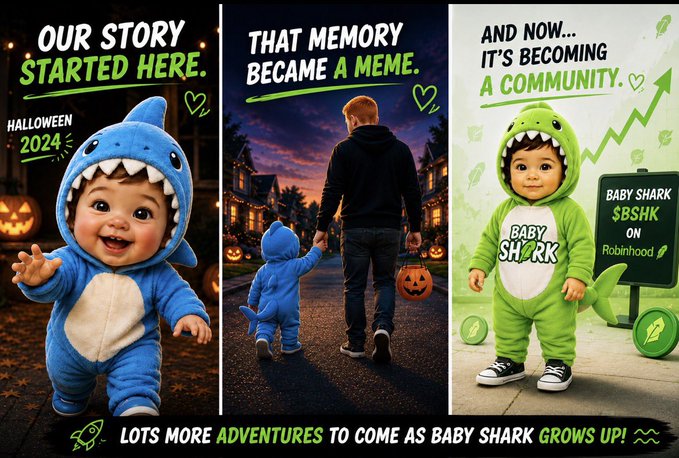 Three-panel Baby Shark themed Halloween 2024 meme/campaign poster titled 'Our Story Started Here,' 'That Memory Became a Meme,' and 'And Now... It's Becoming a Community,' referencing Baby Shark $BSHK on Robinhood with the caption 'Lots more adventures to come as Baby Shark grows up!'