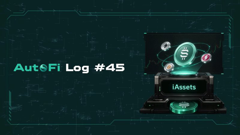 The image features a computer monitor with a green light at the top, surrounded by various coins scattered around it. The text "AutoFi Log #45" is displayed above the monitor, while "iAssets" is written below it. The background of the image is dark blue and has a grid pattern on it.
