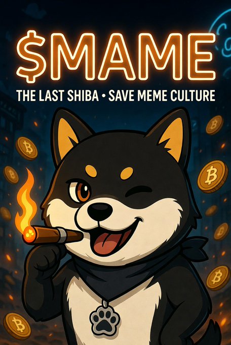 A cartoon Shiba Inu dog wearing a bandana and paw tag smokes a cigar and winks, surrounded by floating Bitcoin coins, with bold text reading "$MAME — THE LAST SHIBA • SAVE MEME CULTURE" above. The image ties into the post by depicting "Mame" as the lone surviving Shiba from the fallen Dog Planet, framed as a last defender of meme culture amid a fiery crypto backdrop.