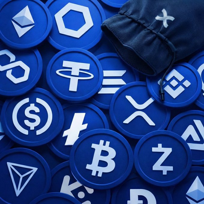 A dark blue drawstring pouch marked with an "X" rests atop a pile of blue circular tokens featuring various cryptocurrency logos, including Bitcoin (₿), Ethereum (Ξ), Tether (₮), USD Coin ($), and Litecoin (Ł). The image cleverly visualizes the "loaded with blue chips" caption by portraying the pouch as a bag overflowing with top-tier, blue-themed crypto assets—punning on "blue-chip" stocks with the coins' uniform blue color.