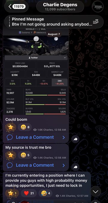 A screenshot from "Charlie Degens" Telegram channel (13,099 subscribers) showing a pinned message with crypto data for the $MANLET/$SOL token on Meteora, including a $39K liquidity, $448K FDV, and $446K market cap, with social sentiment showing 1,548 buyers and 1,625 sellers. The post connects to the accompanying message about $MANLET at $6M market cap, providing detailed on-chain metrics and trader sentiment for the token.