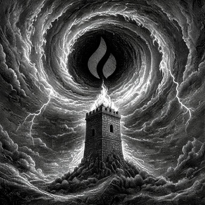 A black-and-white engraved-style illustration of a stone tower on a rocky hill, surrounded by swirling storm clouds and lightning, with a flame logo in the sky above.