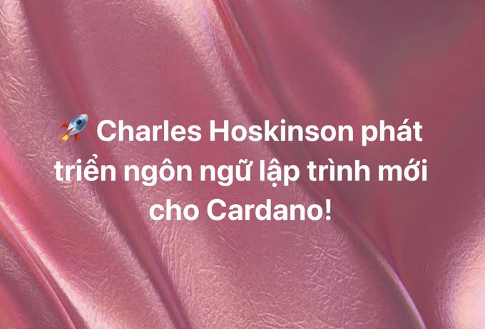 A pink satin-textured background carries a rocket emoji and the Vietnamese headline: “Charles Hoskinson phát triển ngôn ngữ lập trình mới cho Cardano!”